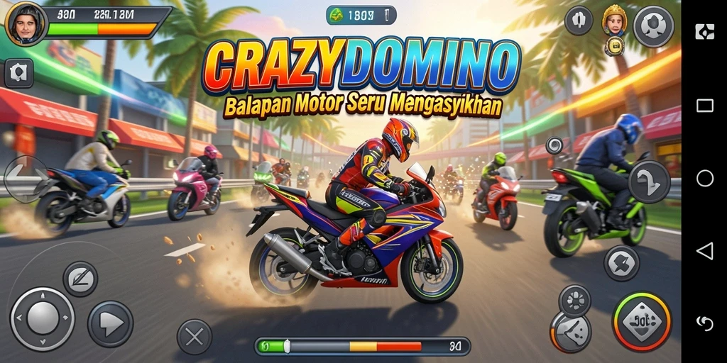 Tangkapan layar gameplay balapan motor di CRAZYDOMINO yang penuh aksi.