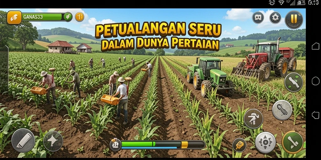 Screenshot GANAS33 menampilkan pemandangan pertanian yang cerah dan interaktif.