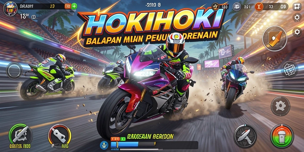 Tampilan gameplay seru dari HOKIHOKI dengan balapan motor yang mendebarkan.