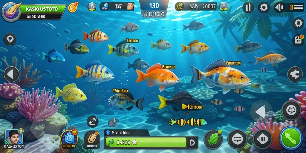 Tampilan gameplay KASKUSTOTO dengan berbagai ikan dan senjata.
