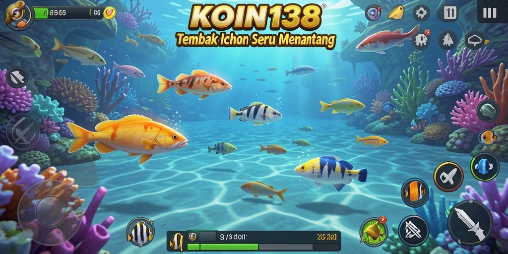 Tampilan gameplay seru di aplikasi KOIN138 dengan ikan berwarna-warni.