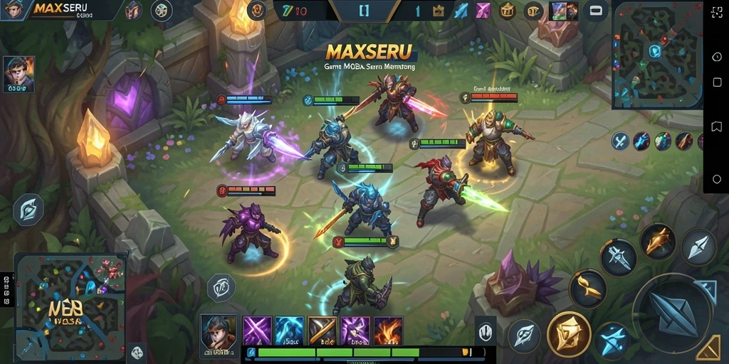 Screenshot gameplay seru dari MAXSERU dengan pertarungan tim yang dinamis.