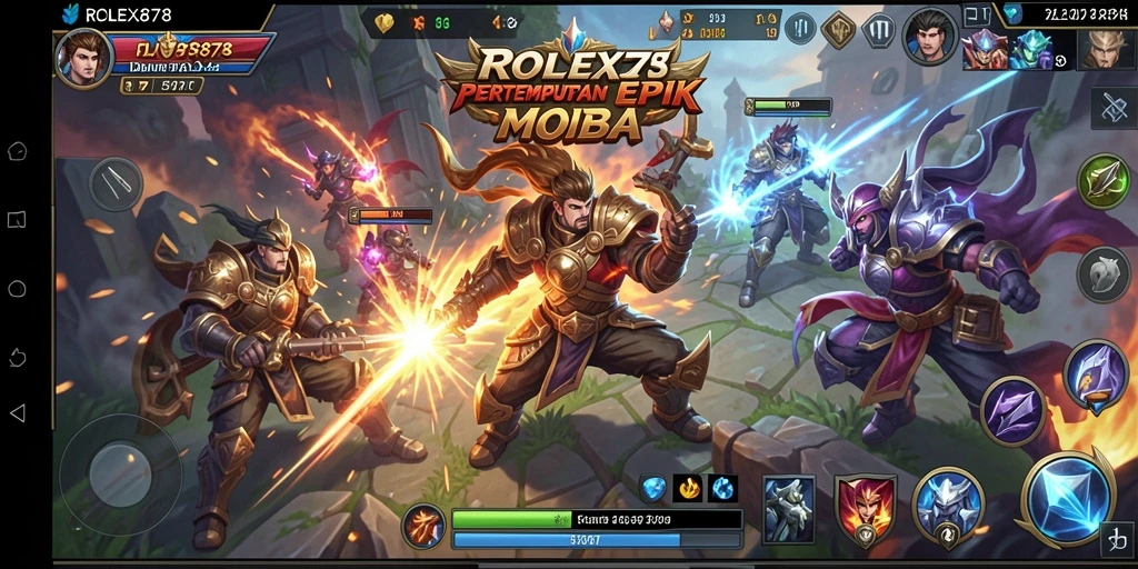 Screenshot gameplay ROLEX878 yang penuh aksi di arena pertempuran MOBA.